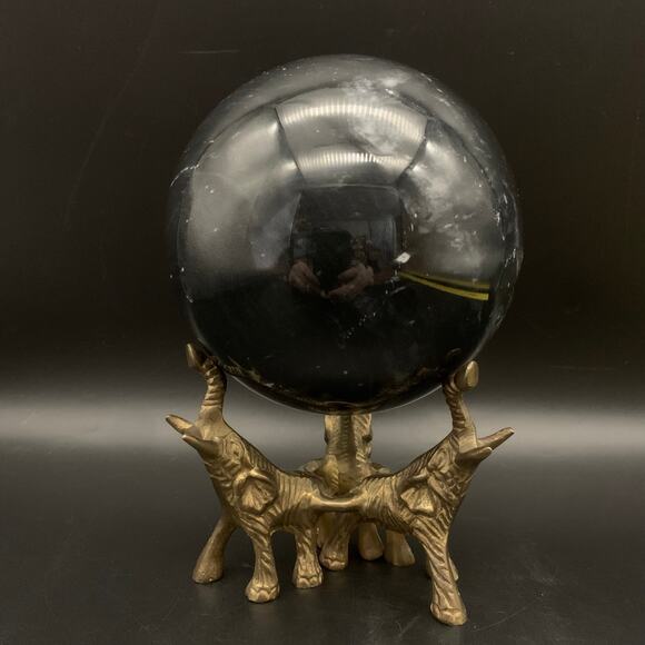 Vintage Black Agate Sphere Orb Crystal with Brass Elephant Stand - Picture 5 of 14